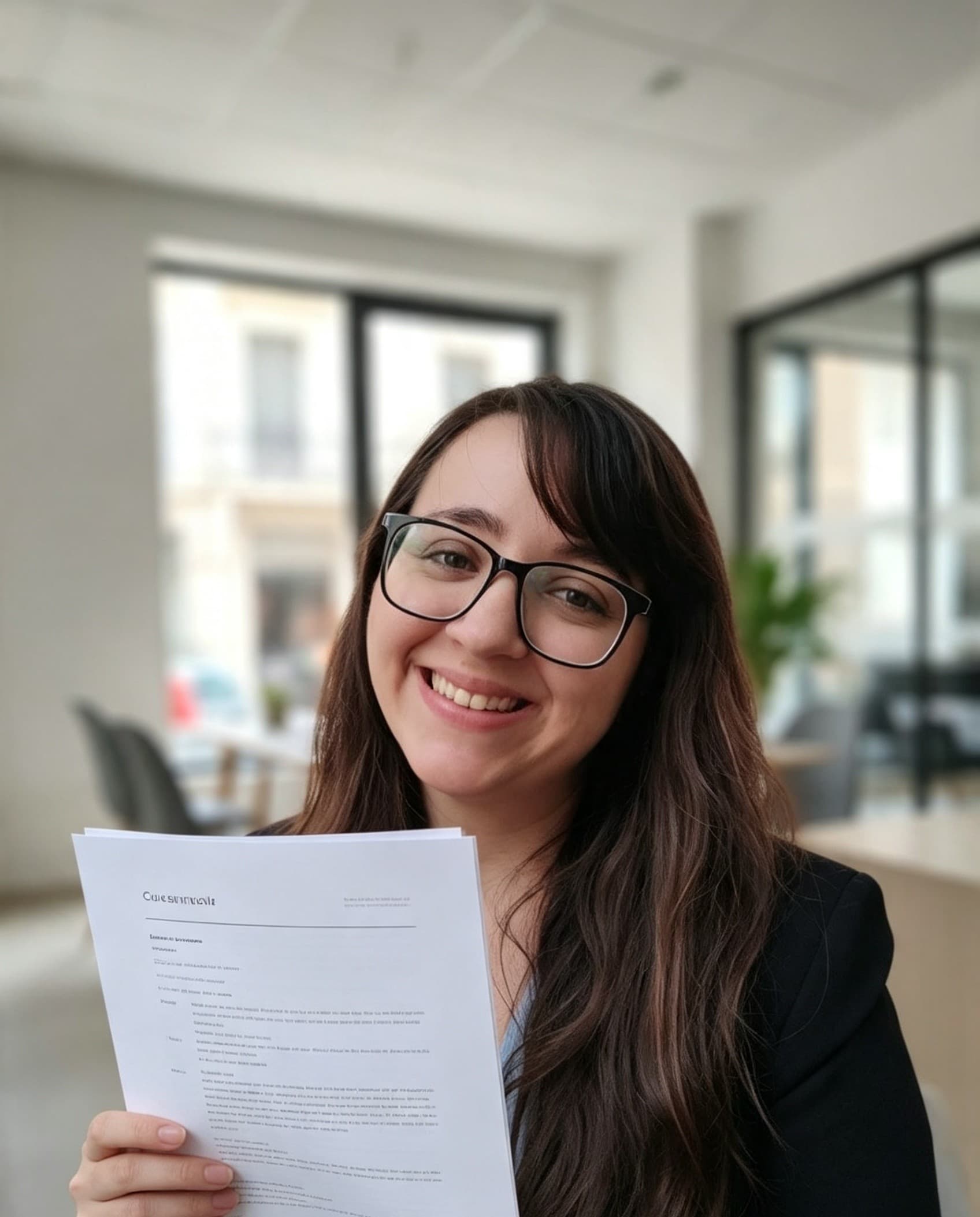 Persona sonriendo con su CV impreso en la mano